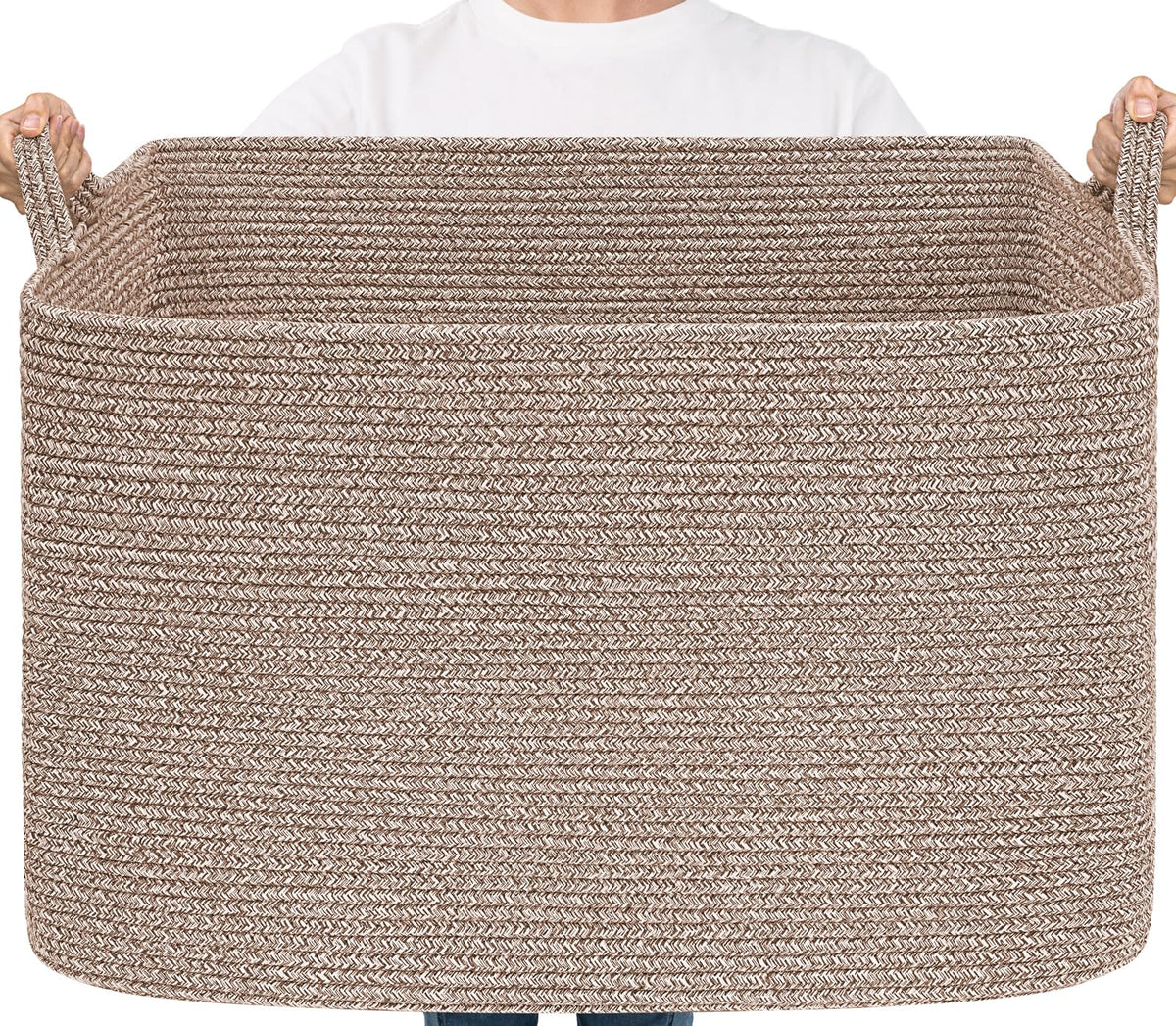 Goodpick Large Woven Rope Blanket Basket, Rectangle, White & Light Brown