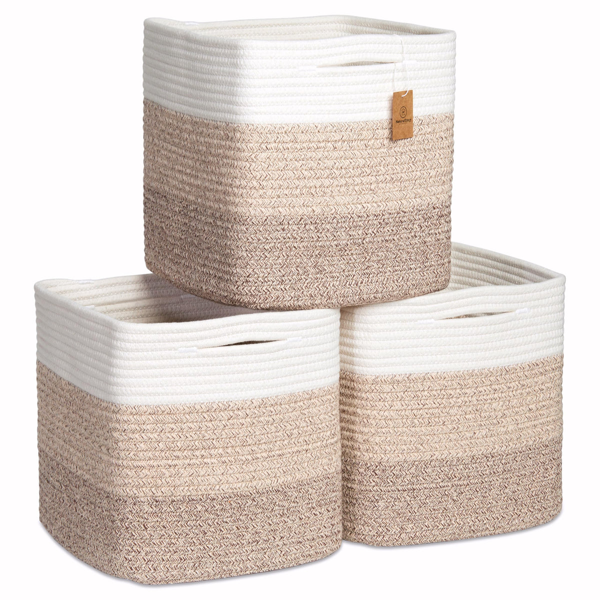 NaturalCozy Storage Cubes 11 Inch Cotton Rope Woven Baskets for Organizing, 3-Pack | Cube Bin Square Shelves Organizer, Classroom, Kids Toy Bins, Closet, Baby Nursery