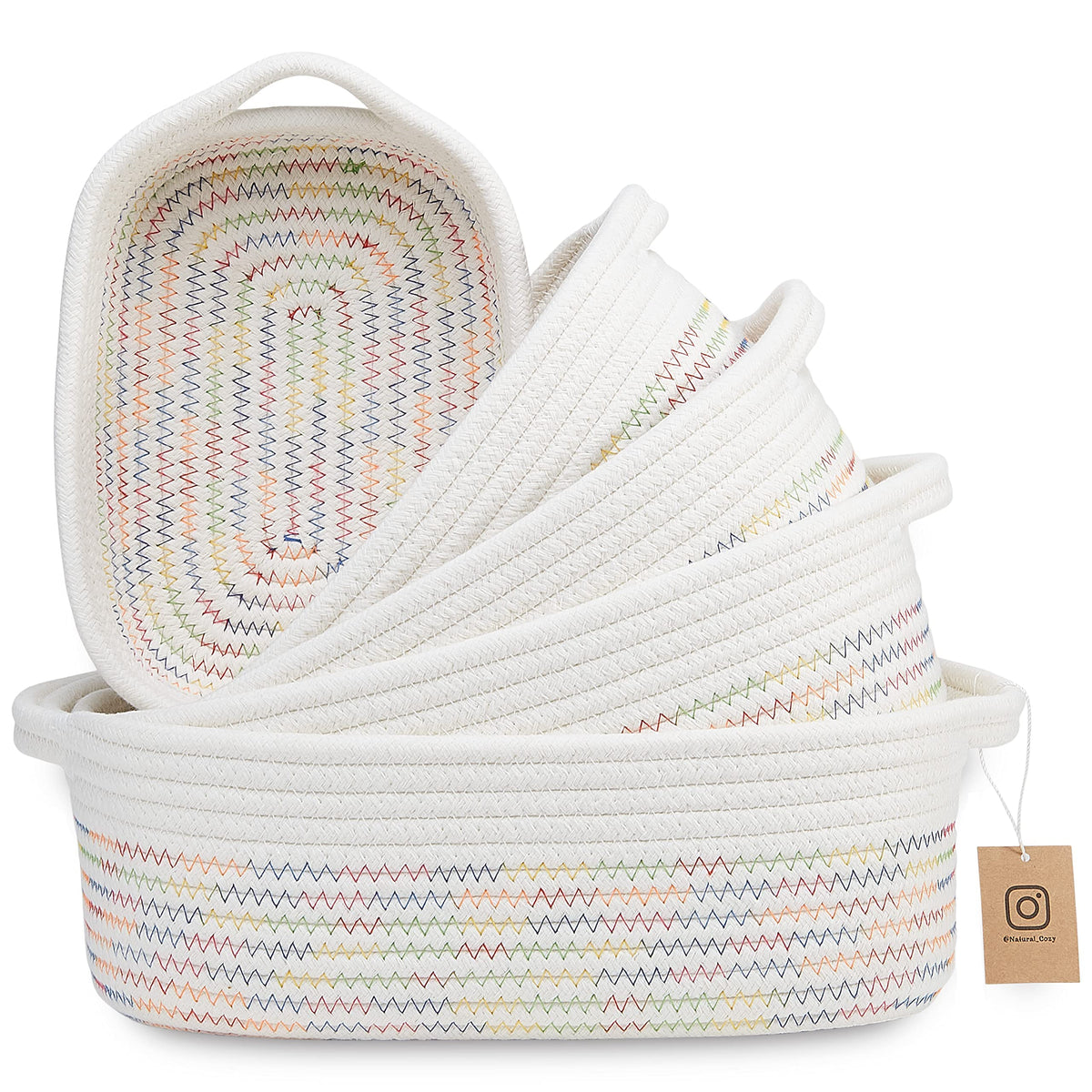 NaturalCozy 5-Piece Rectangle Storage Basket Set- Natural Cotton Rope Woven for Organizing! Small Basket for Montessori, Baby Nursery, Dog Toy Baskets, Cat Toy Box, Bathroom Organization Bin