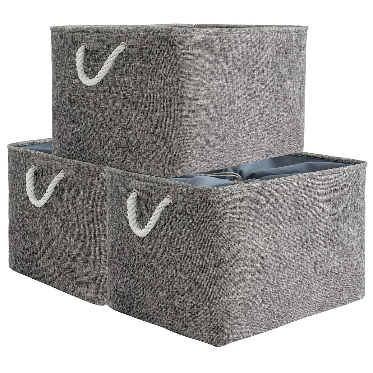 TheWarmHome Storage Basket for Organizing - Medium 3 Pack 14x10x7 inch Fabric Storage Cubes for Shelves with Rope, Collapsible Storage Bin for Organizer Closet Cloth Gift Toy (White & Jean Blue)