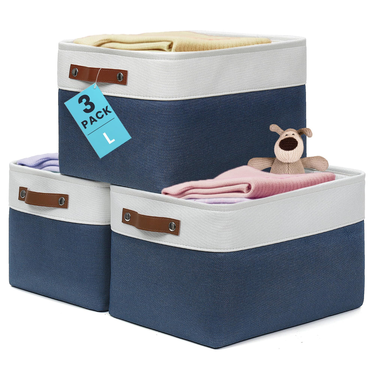 OrganiHaus 16x12.5in Storage Baskets, 3 Pack - Fabric Bins for Shelves