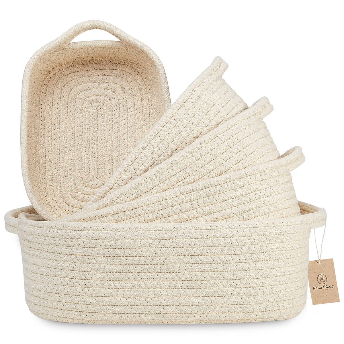 NaturalCozy 5-Piece Rectangle Storage Basket Set- Natural Cotton Rope Woven for Organizing! Small Basket for Montessori, Baby Nursery, Dog Toy Baskets, Cat Toy Box, Bathroom Organization Bin