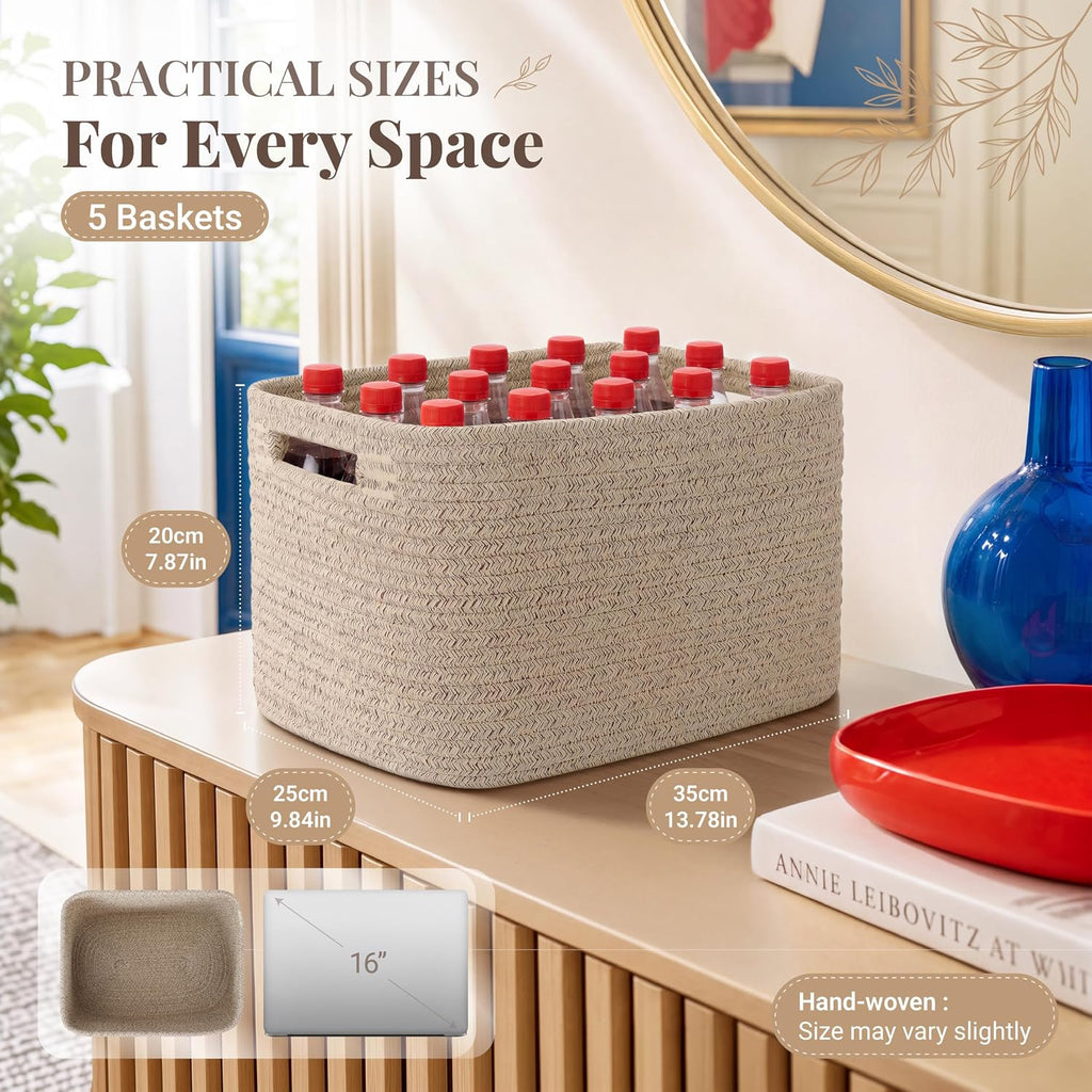 5 Pack Storage Baskets for Organizing, 13.7"×9.8"×7.8 ", natural
