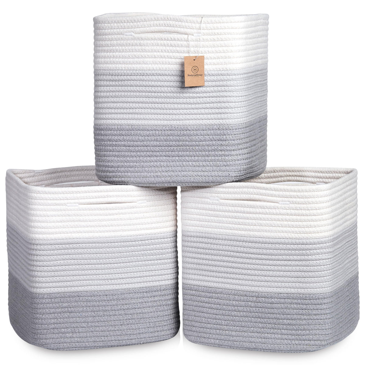 NaturalCozy 13 Inch Cube Storage Bins Cotton Rope Woven Baskets for Organizing 3-Pack | 13 x 13 Storage Cubes | Fabric Square Storage Baskets for Shelves Organizer, Kids Toy Bins, Closet Baby Nursery