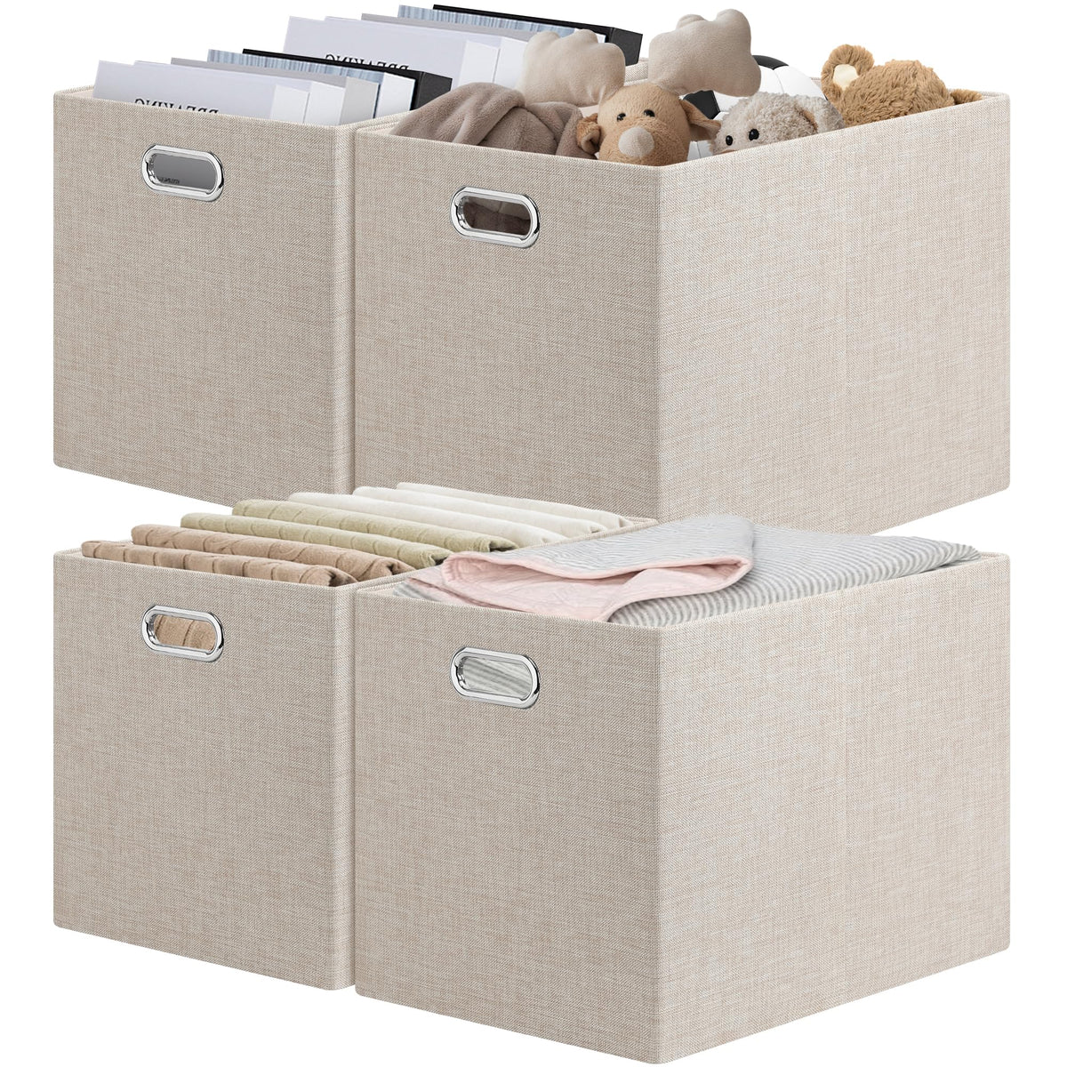 Posprica Closet Organizers and Storage, 4 Pack Large Linen Storage Bins, Decorative Shelf Storage Baskets for Organizing, Foldable Fabric Storage Box for Clothes, 15x10.5x8.25 Inch(Grey)
