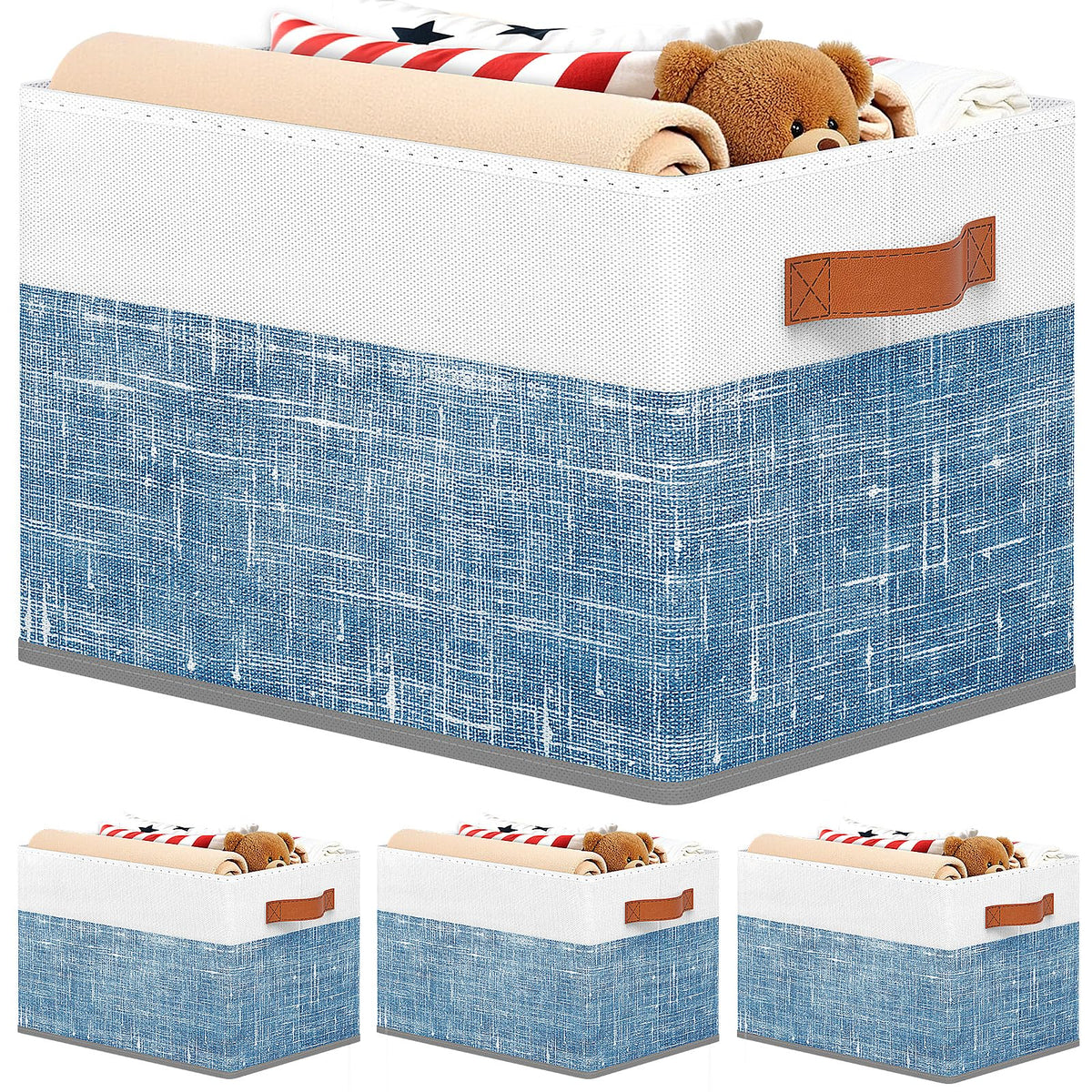 Fab totes Collapsible Storage Baskets for Shelves,14"x10", 4 Pack Foldable Fabric Storage Bins with Double Leather Handles, Large Baskets for Organizing Books, Clothes, White & Grey