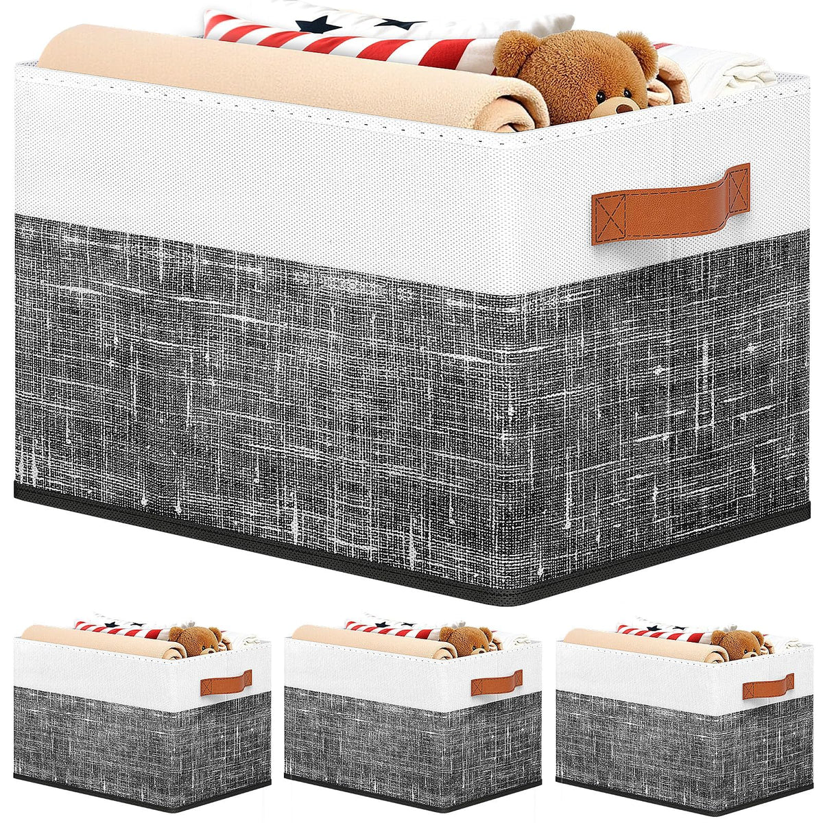 Fab totes Collapsible Storage Baskets for Shelves,14"x10", 4 Pack Foldable Fabric Storage Bins with Double Leather Handles, Large Baskets for Organizing Books, Clothes, White & Grey