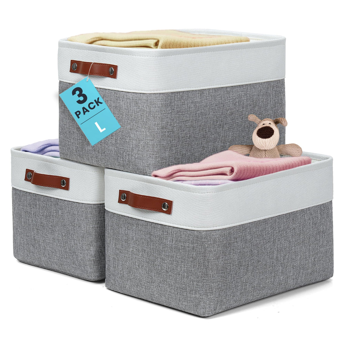 OrganiHaus 16x12.5in Storage Baskets, 3 Pack - Fabric Bins for Shelves