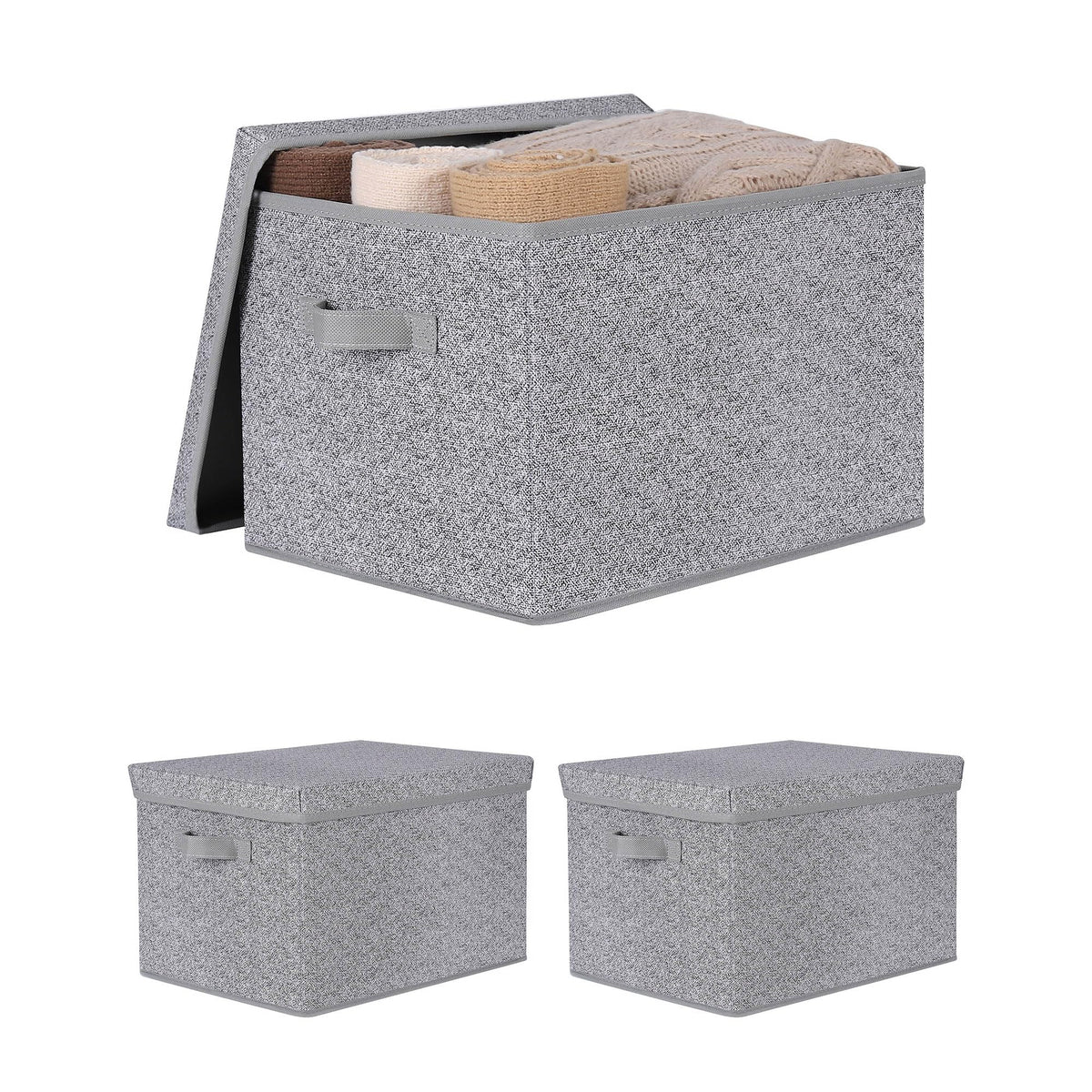 WUIKE Storage Bins with Lids, Decorative Boxes, Ash Gray, Large, 3-Pack