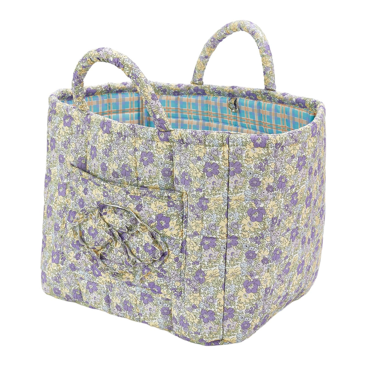 Boho Fabric Storage Basket Quilted Floral Print Baskets Organizer Bin with Handles for Home, Picnic, Shopping (Green, L)