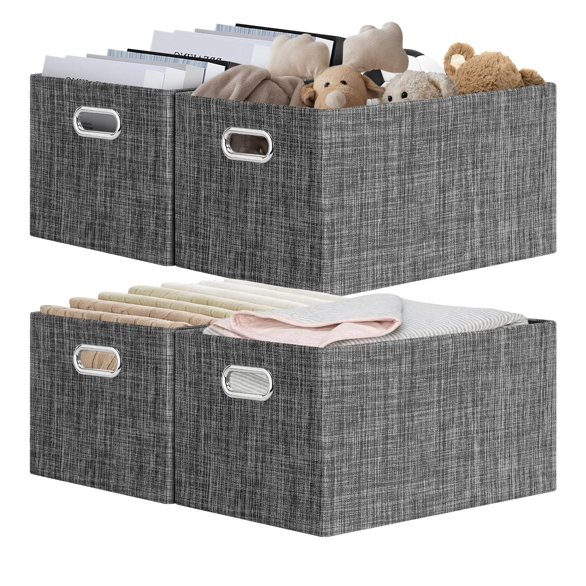 Posprica Closet Organizers and Storage, 4 Pack Large Linen Storage Bins, Decorative Shelf Storage Baskets for Organizing, Foldable Fabric Storage Box for Clothes, 15x10.5x8.25 Inch(Grey)