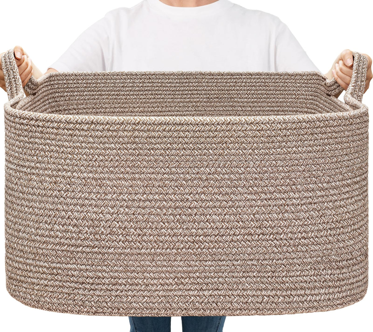 Goodpick Large Woven Rope Blanket Basket, Rectangle, White & Light Brown