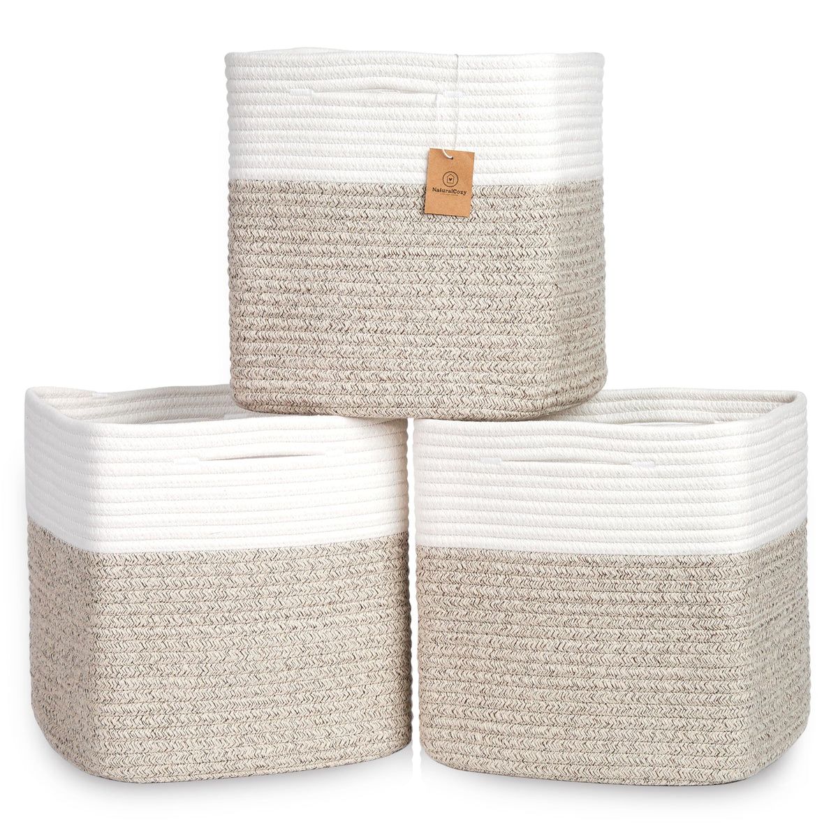 NaturalCozy 13x15x13 Kallax Storage Cubes Bins, 3 Pack | Cotton Rope Cube Storage Bin Woven Baskets for Organizing | Kallax Insert Storage Baskets for Shelves Organizer, Kids Toy, Closet Baby Nursery