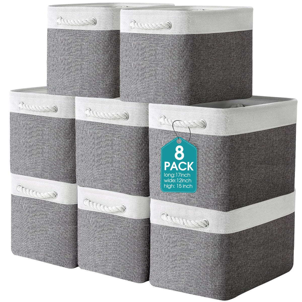 meekoo 8 Pack Fabric Storage Bins Baskets, 15 x 11 x 9.5 in, Gray White