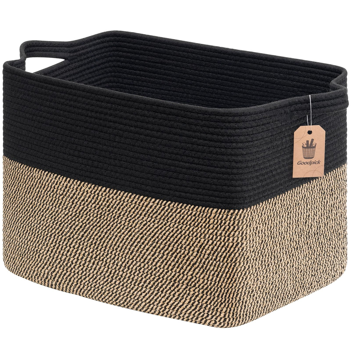 Goodpick Woven Storage Basket for Shelves, 13" x 10" x 9", Black Jute