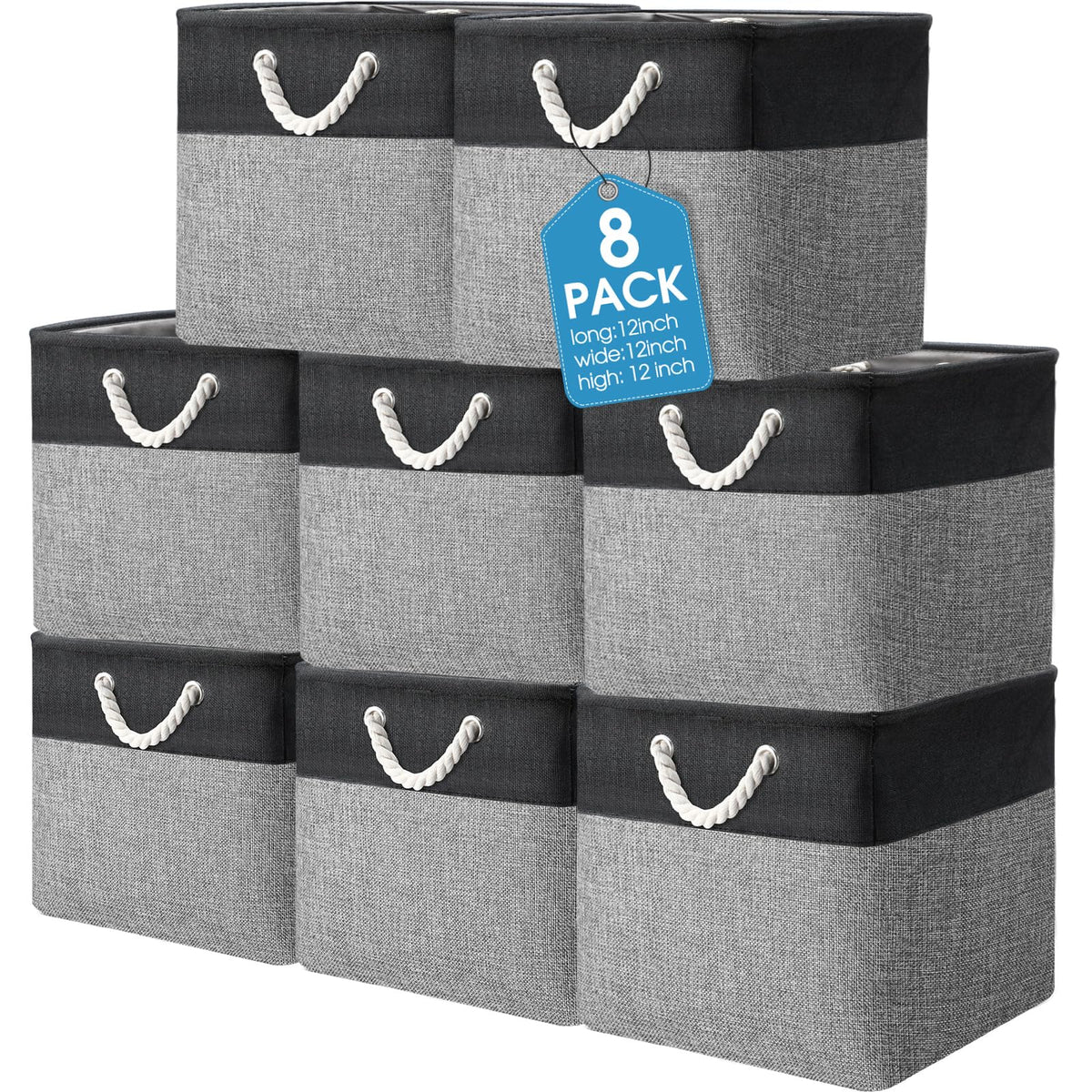 meekoo 8 Pack Fabric Storage Bins Baskets, 15 x 11 x 9.5 in, Gray White