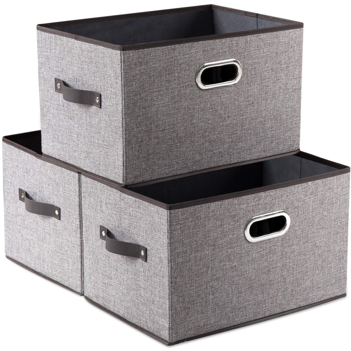 PRANDOM Large Foldable Storage Bins for Shelves [3-pack] Decorative Linen Fabric Storage Baskets Cubes with Leather/Metal Handles for Closet Nursery Office Grey and Black Trim (14.9x9.8x8.3 Inch)