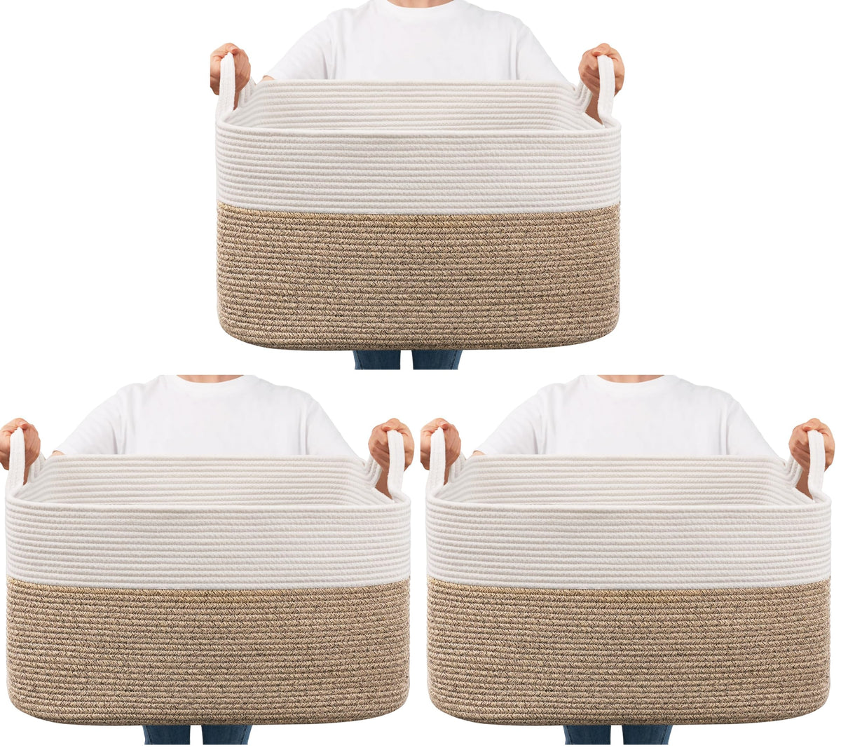 Goodpick Large Woven Rope Blanket Basket, Rectangle, White & Light Brown