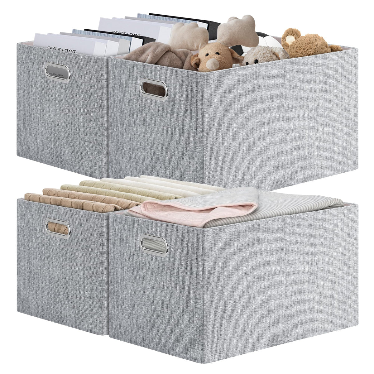 Posprica Closet Organizers and Storage, 4 Pack Large Linen Storage Bins, Decorative Shelf Storage Baskets for Organizing, Foldable Fabric Storage Box for Clothes, 15x10.5x8.25 Inch(Grey)