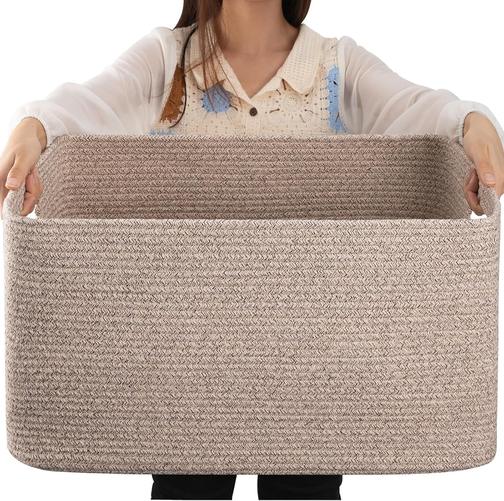 OIAHOMY 75L Large Blanket Basket Woven Cotton Rope Storage Basket Brown