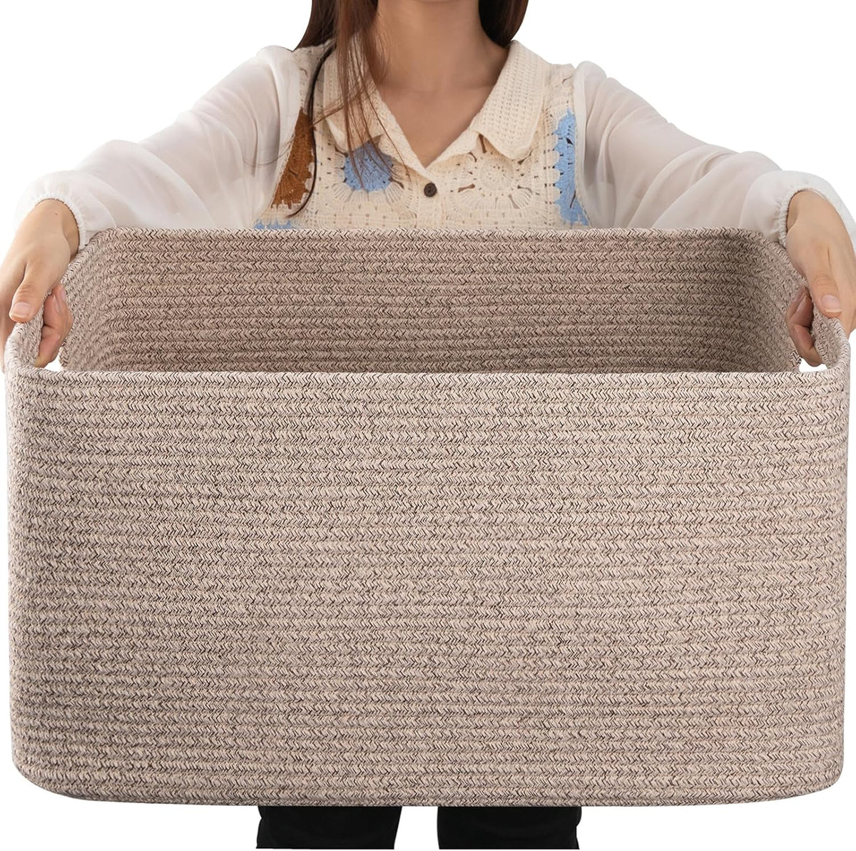 OIAHOMY 75L Large Blanket Basket Woven Cotton Rope Storage Basket Brown