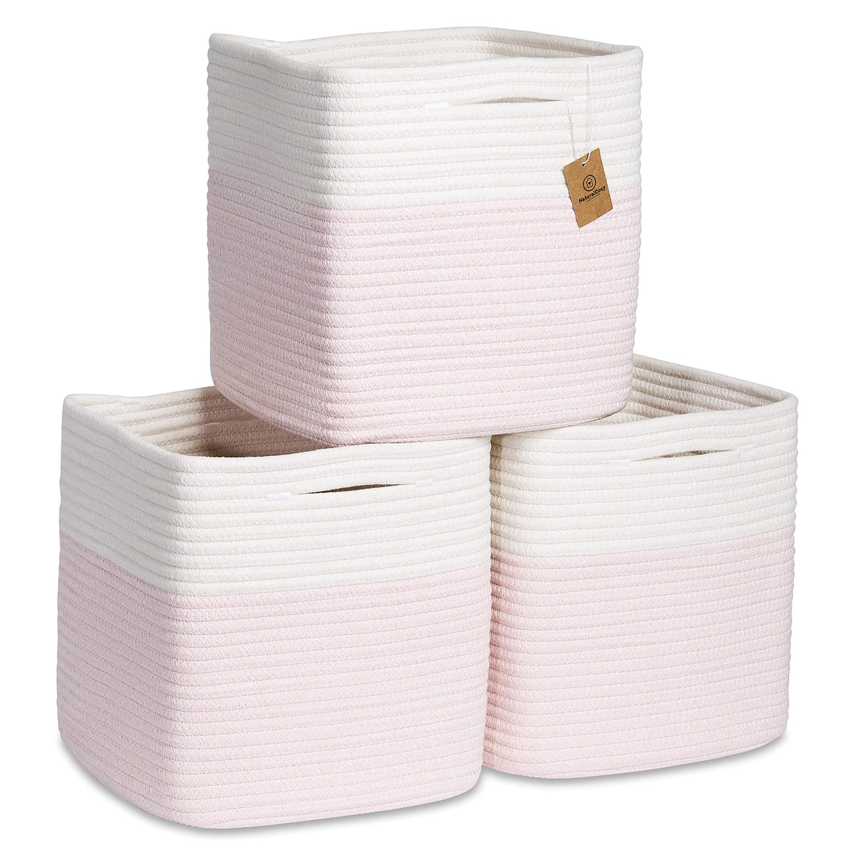 NaturalCozy Storage Cubes 11 Inch Cotton Rope Woven Baskets for Organizing, 3-Pack | Cube Bin Square Shelves Organizer, Classroom, Kids Toy Bins, Closet, Baby Nursery