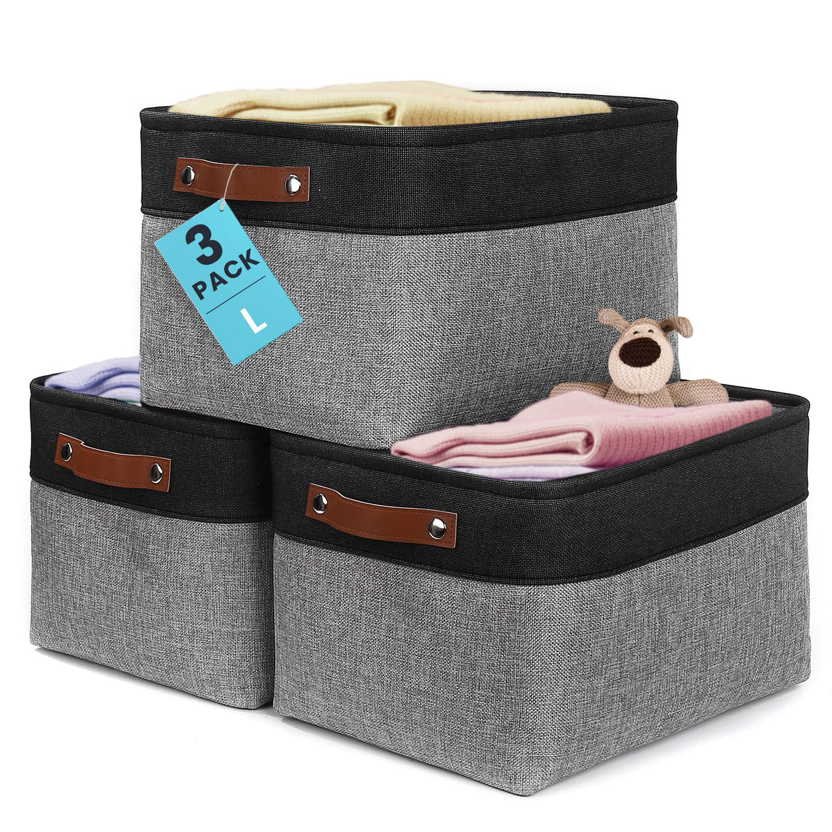 OrganiHaus 16x12.5in Storage Baskets, 3 Pack - Fabric Bins for Shelves