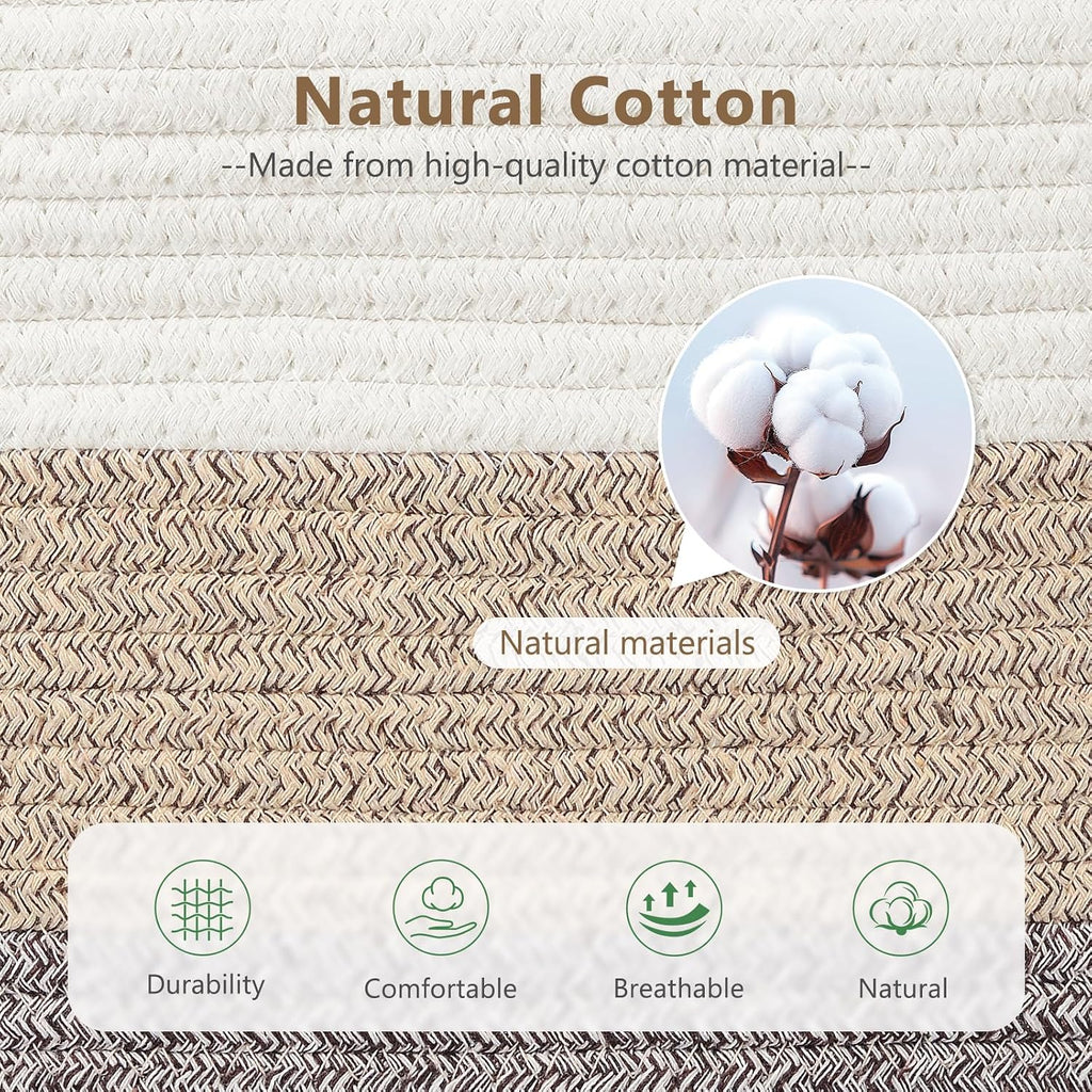 ECDYQXVU 15x10x9 Woven Cotton Rope Storage Basket, Leather Handles 1 Pack