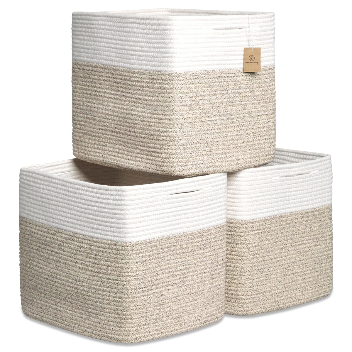 NaturalCozy 13 Inch Cube Storage Bins Cotton Rope Woven Baskets for Organizing 3-Pack | 13 x 13 Storage Cubes | Fabric Square Storage Baskets for Shelves Organizer, Kids Toy Bins, Closet Baby Nursery