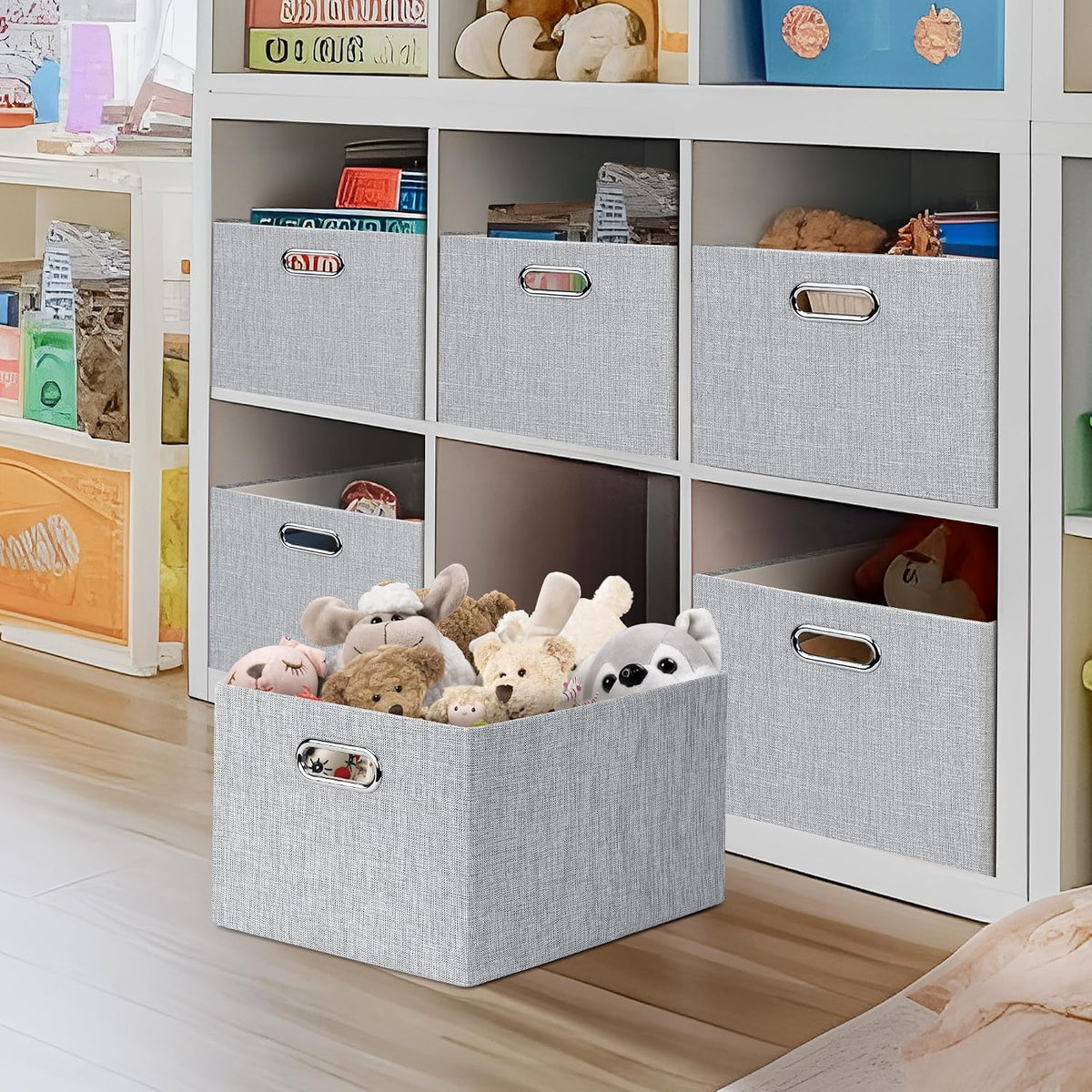 Posprica Closet Organizers and Storage, 4 Pack Large Linen Storage Bins, Decorative Shelf Storage Baskets for Organizing, Foldable Fabric Storage Box for Clothes, 15x10.5x8.25 Inch(Grey)