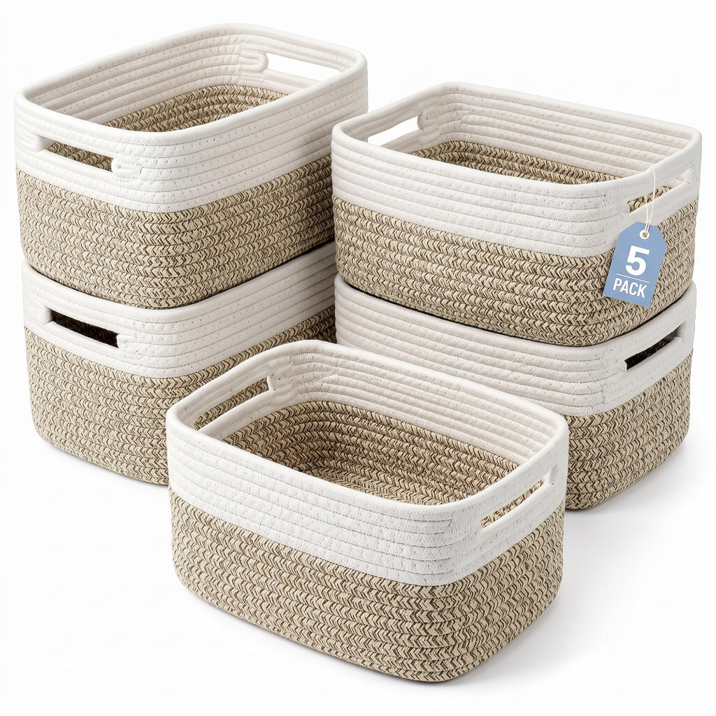 5 Small Woven Storage Basket for Organizing Shelves with Handles
