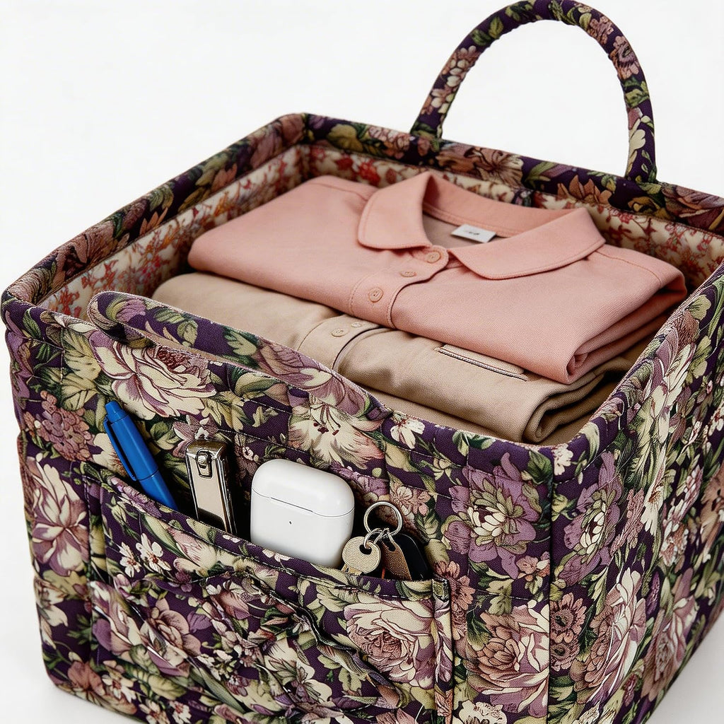 Quilted Laundry Basket with Handles - Multi-Purpose Fabric Storage Basket，Boho Fabric Storage Baskets with Handles for Car, Home & Nursery - Collapsible Square Organizer (Purple)