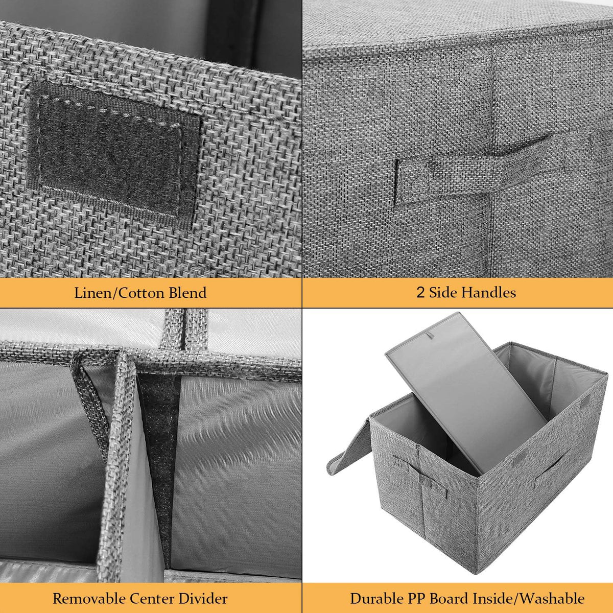 2 Pack Large Linen Fabric Collapsible Storage Bins with Lid and Handles, Washable Storage Box Baskets Cube with Removable Divider for Bedroom,Closet,Office,Living Room,Nursery (Black, Large)