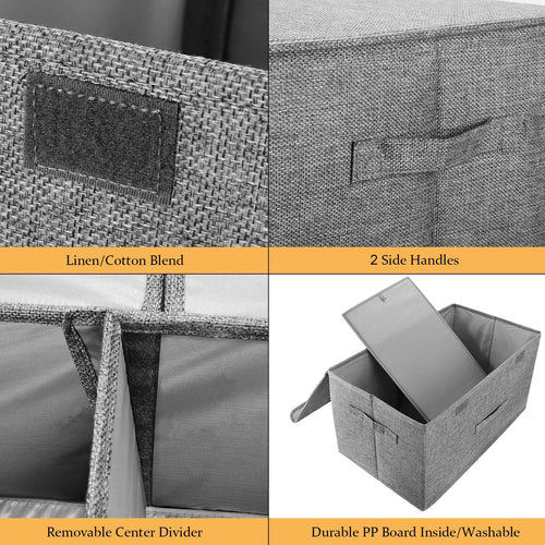 2 Pack Large Linen Fabric Collapsible Storage Bins with Lid and Handles, Washable Storage Box Baskets Cube with Removable Divider for Bedroom,Closet,Office,Living Room,Nursery (Black, Large)