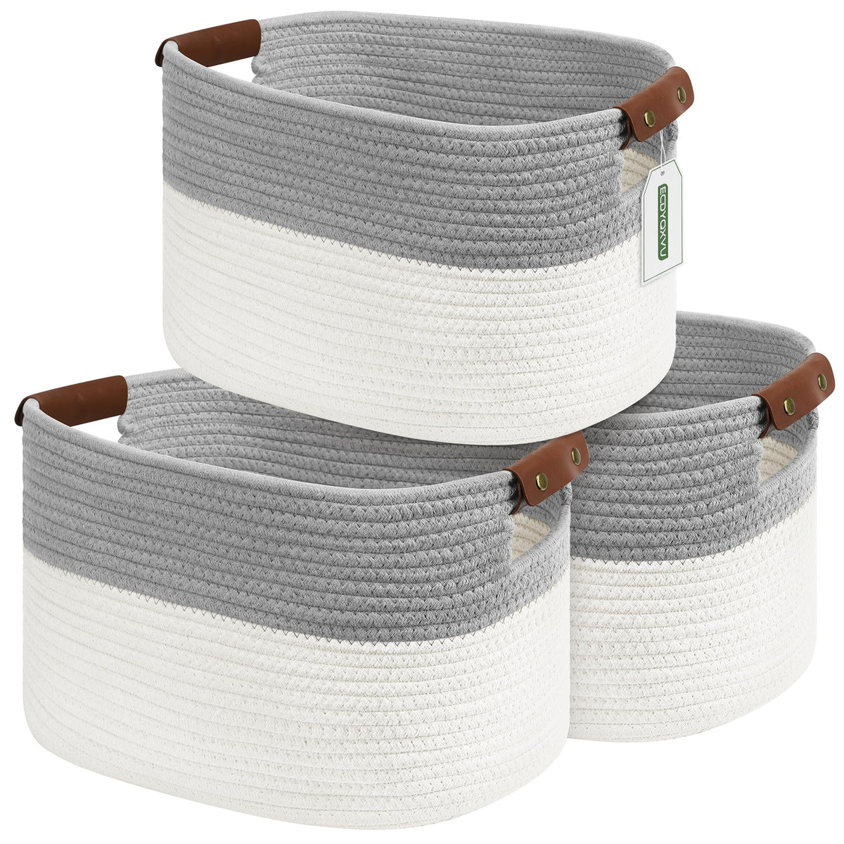 ECDYQXVU 15x10x9 Woven Cotton Rope Storage Basket, Leather Handles 1 Pack