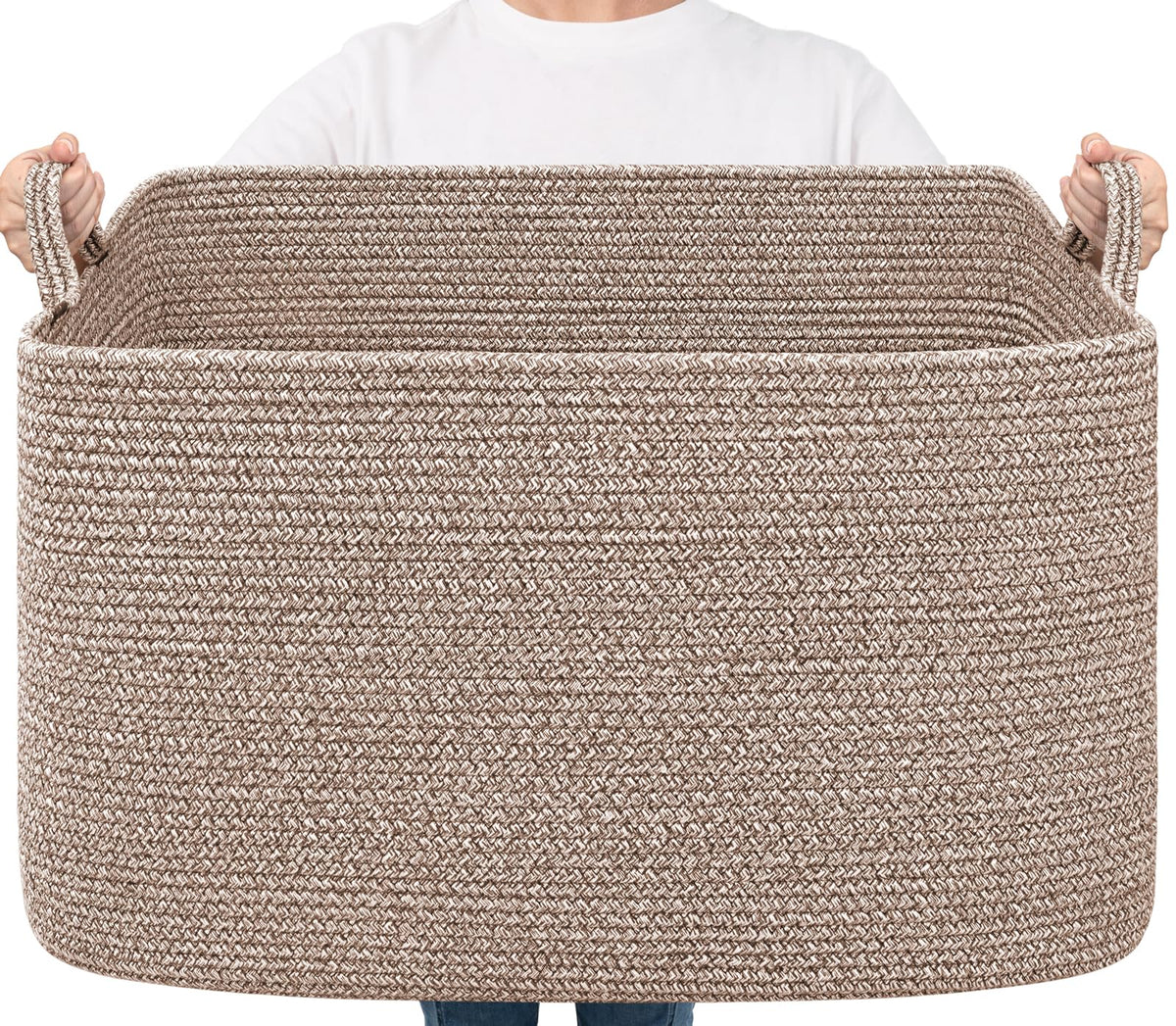 Goodpick Large Woven Rope Blanket Basket, Rectangle, White & Light Brown