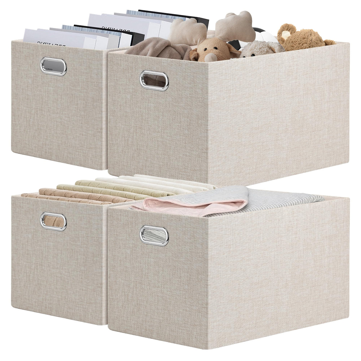 Posprica Closet Organizers and Storage, 4 Pack Large Linen Storage Bins, Decorative Shelf Storage Baskets for Organizing, Foldable Fabric Storage Box for Clothes, 15x10.5x8.25 Inch(Grey)