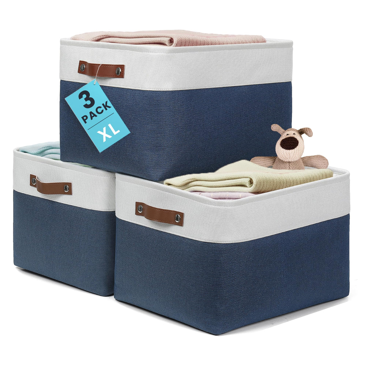 OrganiHaus 16x12.5in Storage Baskets, 3 Pack - Fabric Bins for Shelves