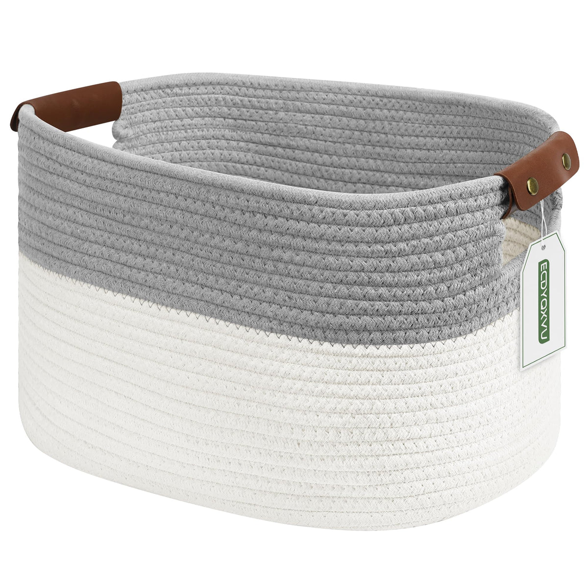 ECDYQXVU 15x10x9 Woven Cotton Rope Storage Basket, Leather Handles 1 Pack