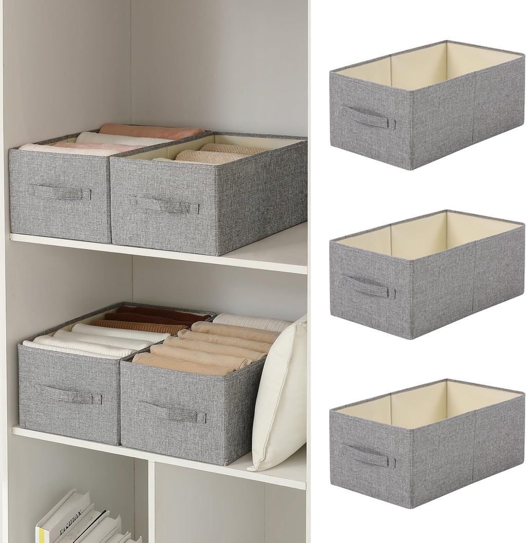 Linen Folding Storage Bins, 3 Pack Large Storage Baskets, Washable, Clothing Storage Bins with Handle, Closet Organizer for Storage Sweater,Sheets(dark grey, 18½"x11 x8½)
