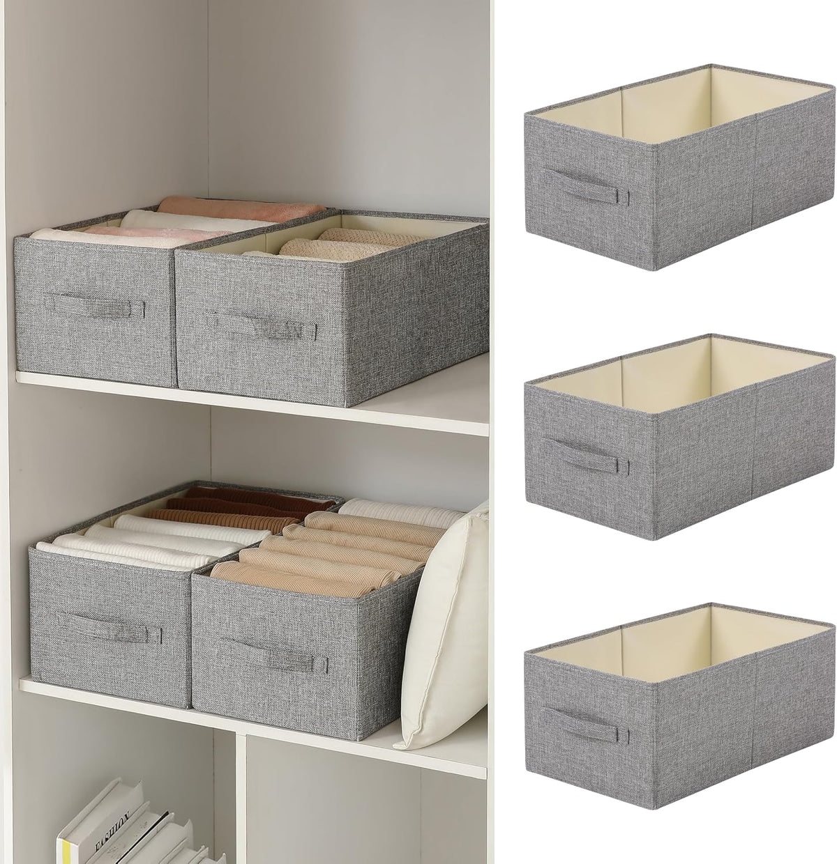 Linen Folding Storage Bins, 3 Pack Large Storage Baskets, Washable, Clothing Storage Bins with Handle, Closet Organizer for Storage Sweater,Sheets(dark grey, 18½"x11 x8½)
