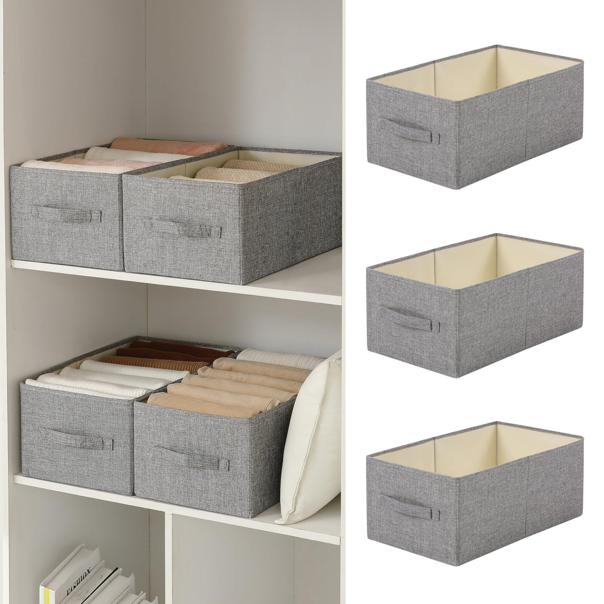Linen Folding Storage Bins, 3 Pack Large Storage Baskets, Washable, Clothing Storage Bins with Handle, Closet Organizer for Storage Sweater,Sheets(dark grey, 18½"x11 x8½)