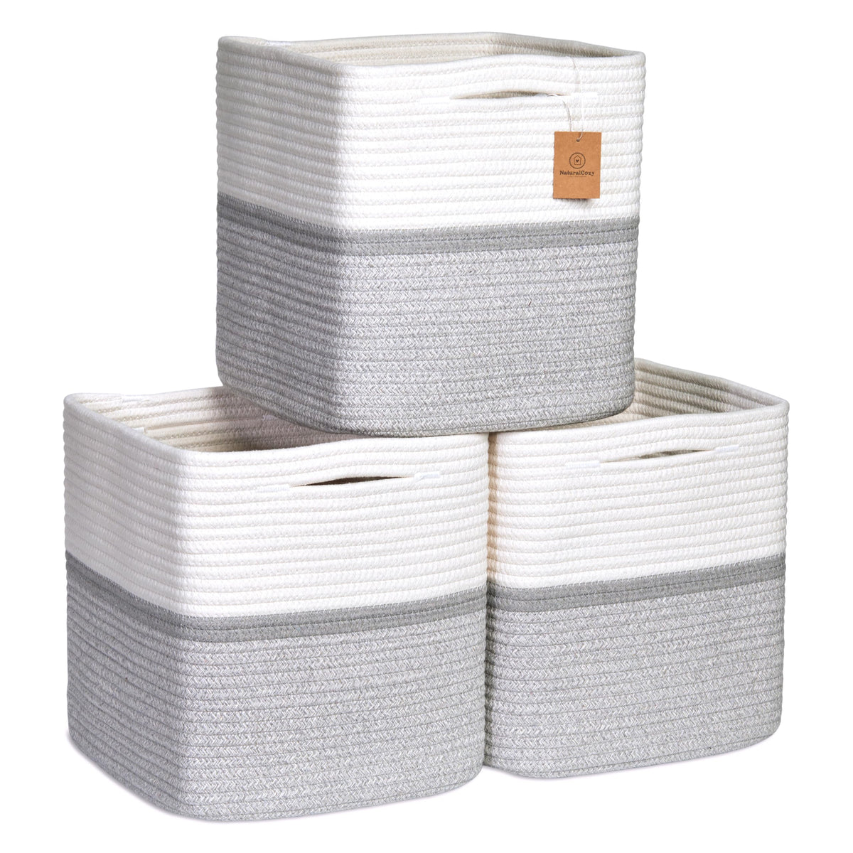 NaturalCozy Storage Cubes 11 Inch Cotton Rope Woven Baskets for Organizing, 3-Pack | Cube Bin Square Shelves Organizer, Classroom, Kids Toy Bins, Closet, Baby Nursery