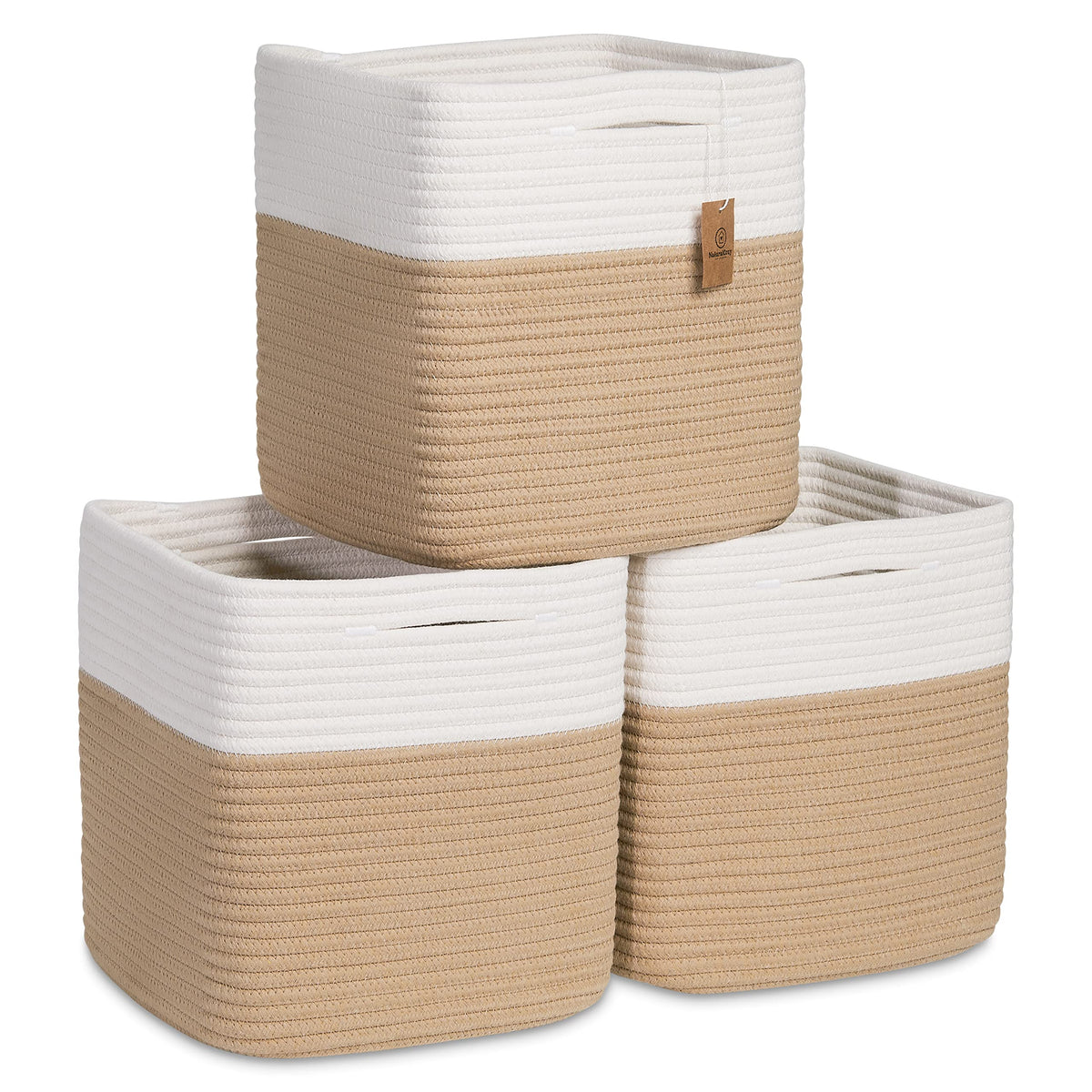 NaturalCozy Storage Cubes 11 Inch Cotton Rope Woven Baskets for Organizing, 3-Pack | Cube Bin Square Shelves Organizer, Classroom, Kids Toy Bins, Closet, Baby Nursery