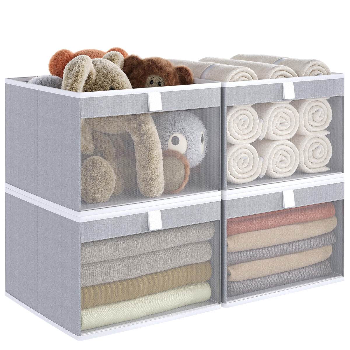 Linen Closet Organizers and Storage, Closet Storage Bins Basket Organizer, Foldable Organization Baskets with Mesh Window for Clothes Towels and Toys, 12.75" x 12.75" x 9", Beige, 4 pack