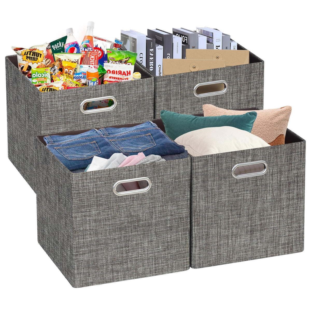 Posprica 3X Thicker Fabric Storage Cubes 13 inch Collapsible Storage Bins for Organization, Cubby Storage Baskets for Organizing Shelf Cabinet Bookcase Boxes, Set of 4, Coffee
