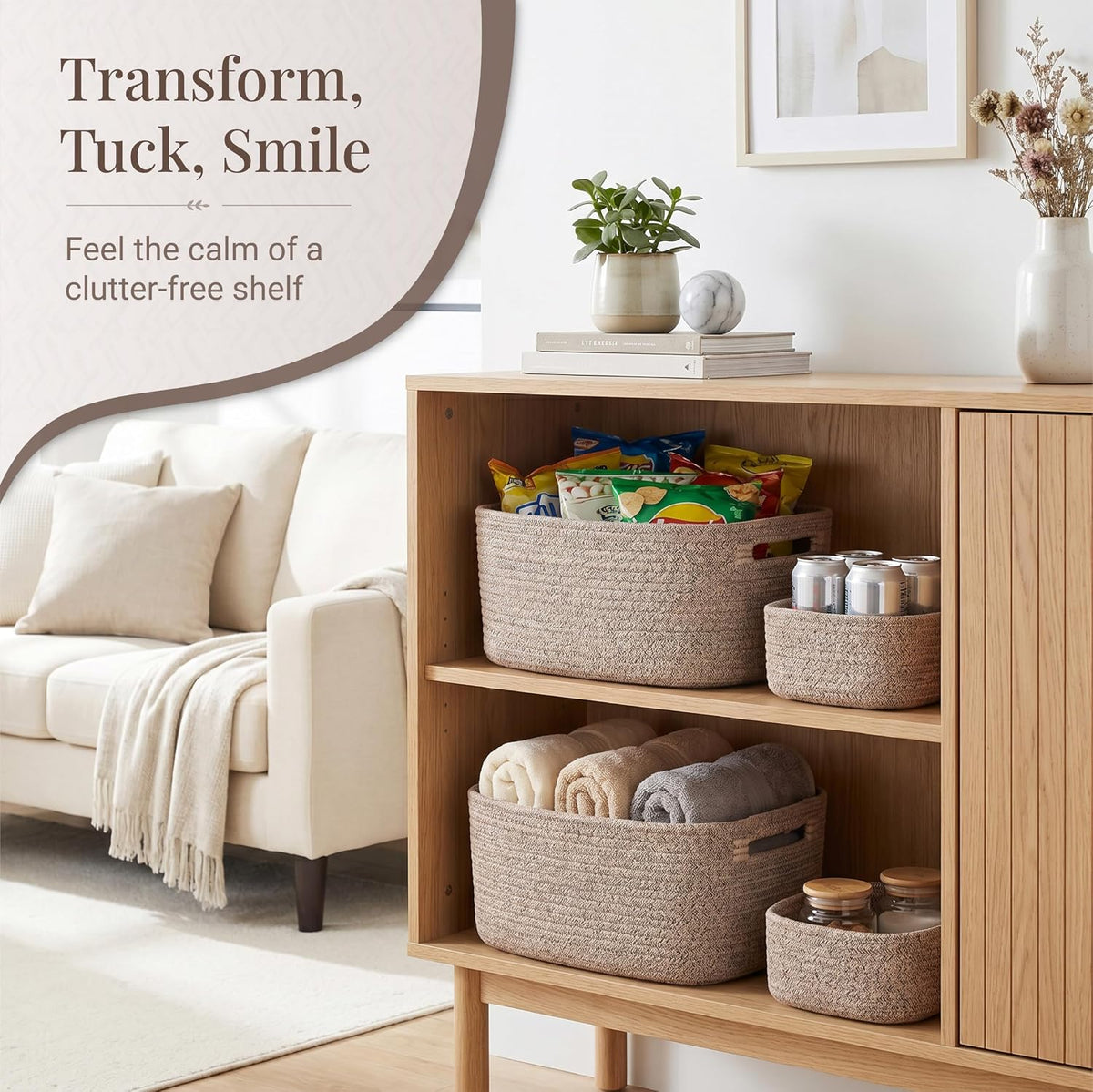 5 Pack Storage Baskets for Shelves, 17"x13"x7.5" & 7"x7"x3.5"