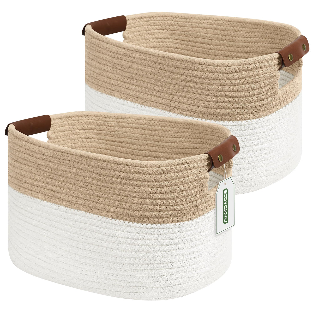 ECDYQXVU 15x10x9 Woven Cotton Rope Storage Basket, Leather Handles 1 Pack