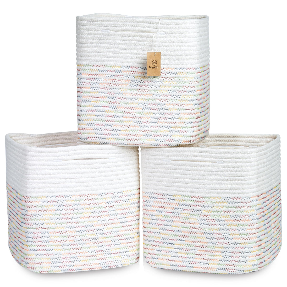 NaturalCozy 13 Inch Cube Storage Bins Cotton Rope Woven Baskets for Organizing 3-Pack | 13 x 13 Storage Cubes | Fabric Square Storage Baskets for Shelves Organizer, Kids Toy Bins, Closet Baby Nursery