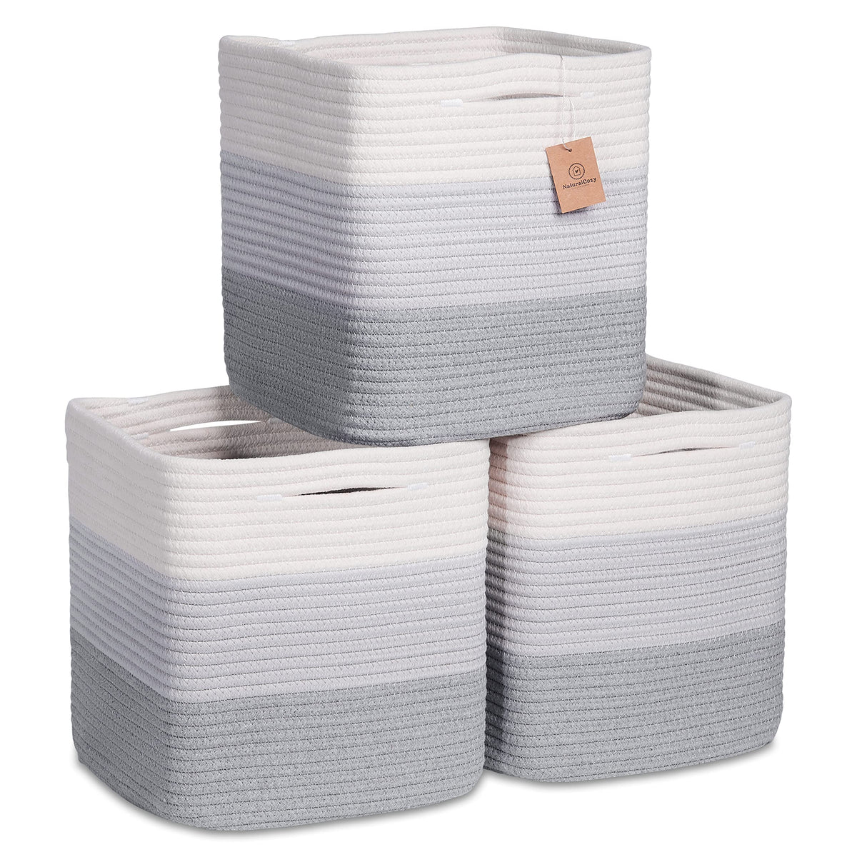 NaturalCozy Storage Cubes 11 Inch Cotton Rope Woven Baskets for Organizing, 3-Pack | Cube Bin Square Shelves Organizer, Classroom, Kids Toy Bins, Closet, Baby Nursery